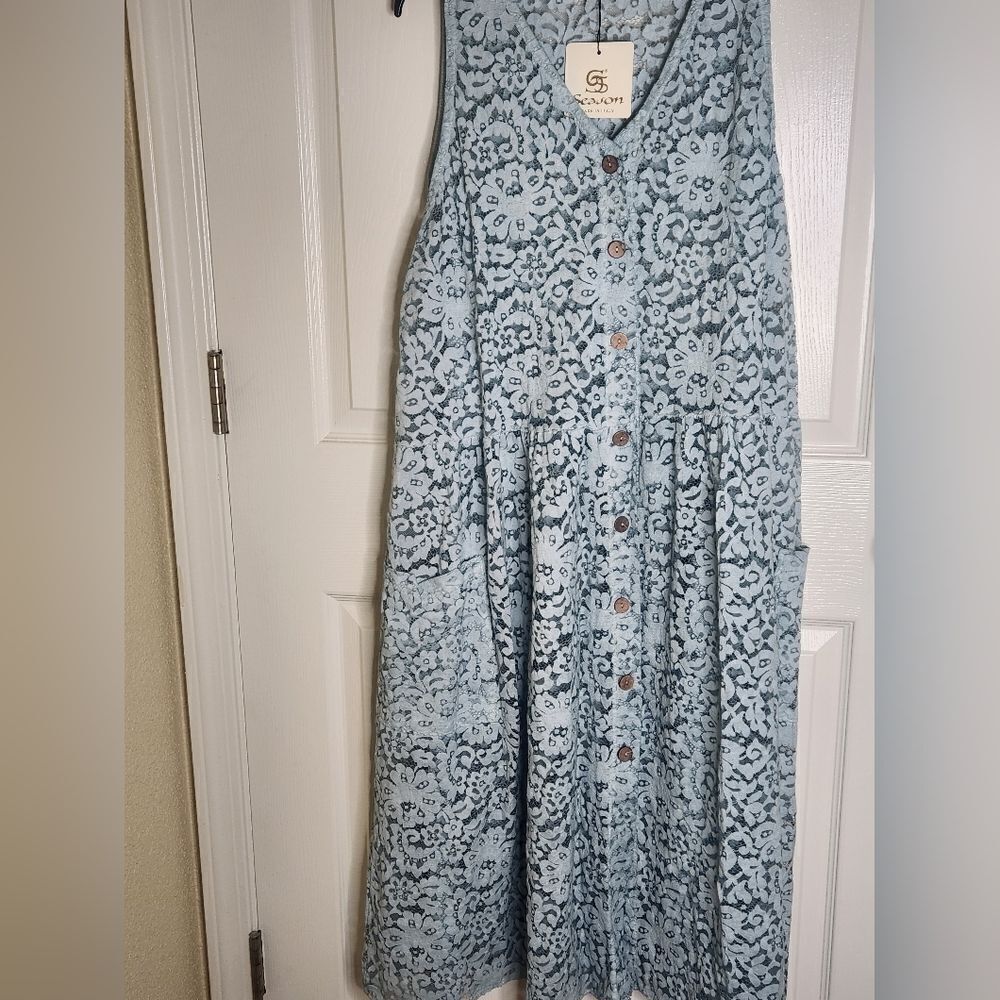 NWT Season One Size Blue Lace Unique Pockets CottonButtonsUp Women MidiDress